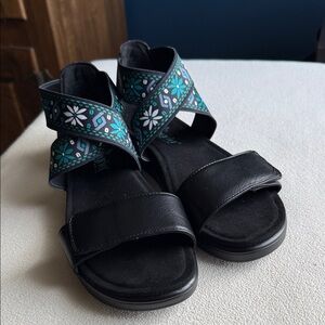 Alegria Black Sandals with Teal Floral elastic Straps, size 37.